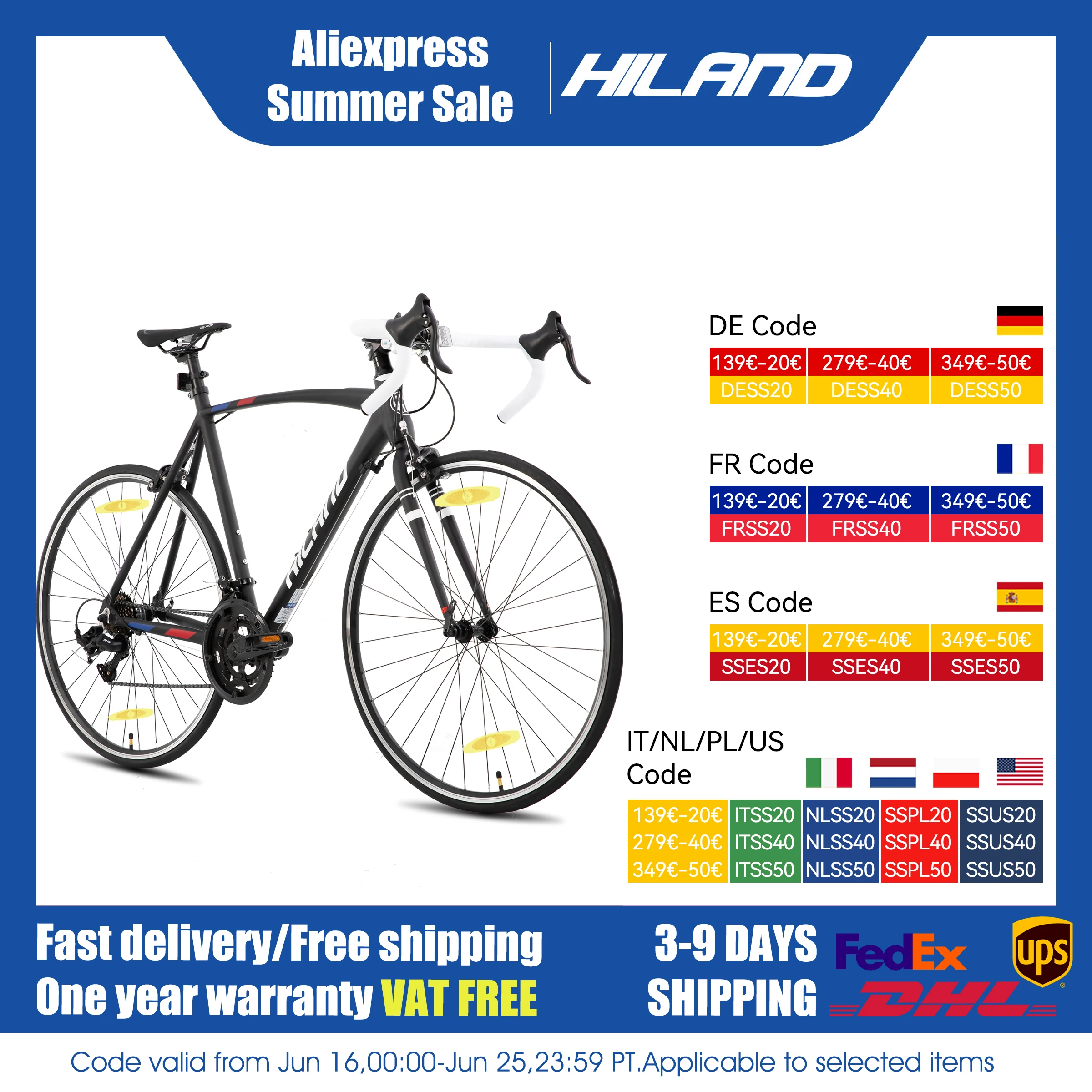 Bici da strada Hiland 700c, 14 velocità, telaio in alluminio leggero, bici da corsa, bici da strada per pendolari urbani per uomo e donna