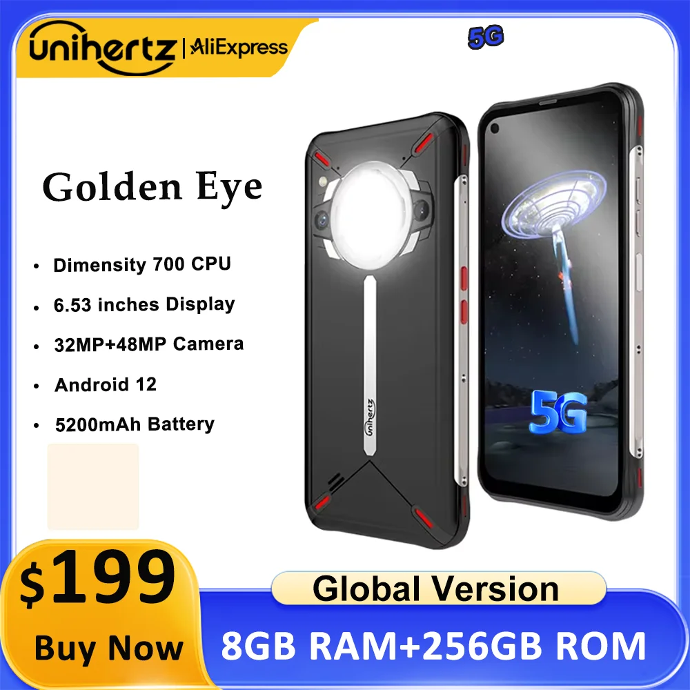 Unihertz Golden Eye 5g Ultra Slim Rugged Smartphone Camping Light 8GB 256GB 64MP Camera Cell Phone, Mobile Phone,30W ,5200mAh