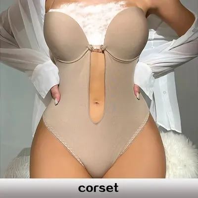 One-Piece Deep V-Neck Shapewear Bodysuit Women's Seamless Thong Lower Body Bra U Low Back No Back Corset Shaper
