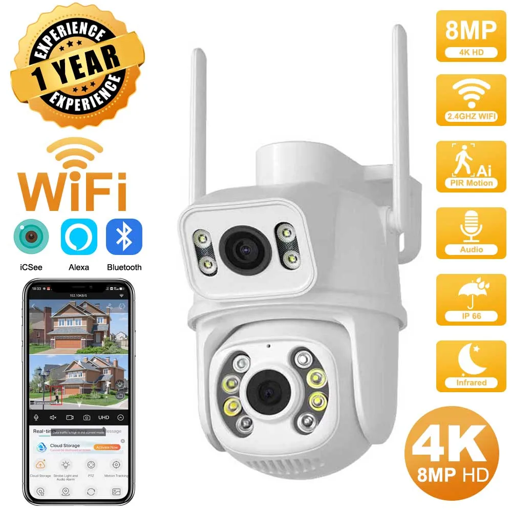 Telecamera IP di sicurezza wireless esterna a doppia lente 4K 8MP HD Telecamera PTZ esterna Wifi Telecamera di sorveglianza stradale con tracciamento automatico iCsee