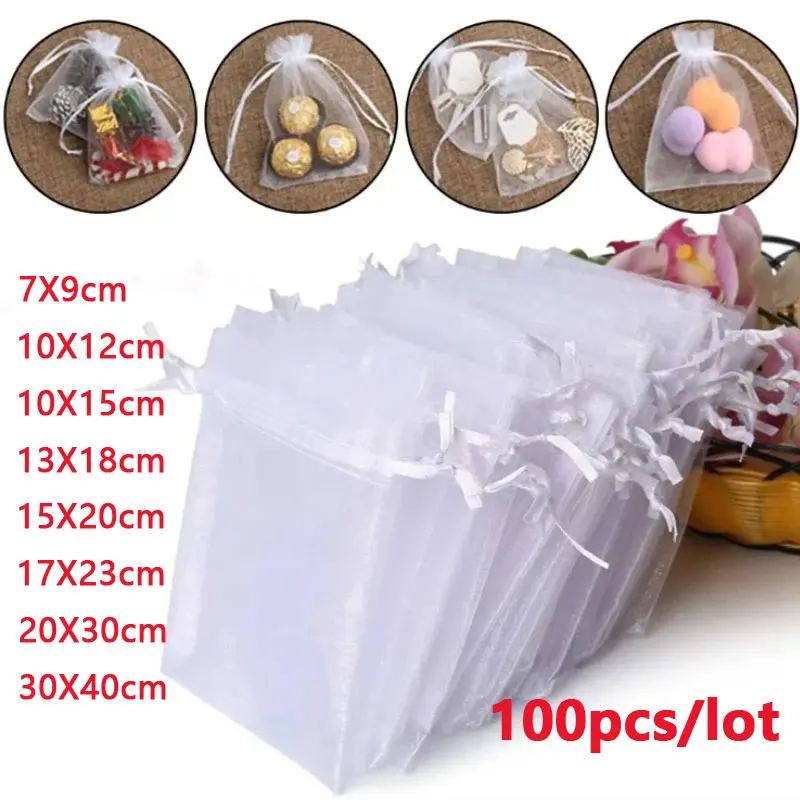 100 Pz/lotto 7x9 9x12 10x15 13x18 CM Sacchetti di Organza Sacchetto di Gioielli Decorazione Della Festa Nuziale Sacchetti Tirabili Sacchetti Regalo Imballaggio Dei Monili