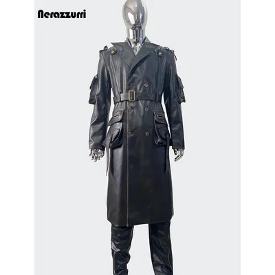 Nerazzurri Spring Autumn Cool Long Waterproof Distressed Black Pu Leather Trench Coat Men Belt Pockets Luxury Designer Clothes