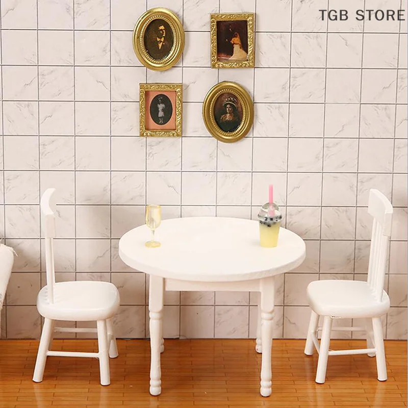 1/12 Puppenhaus Miniatur möbel weiß Holz Esstisch Stühle Modell Spielzeug