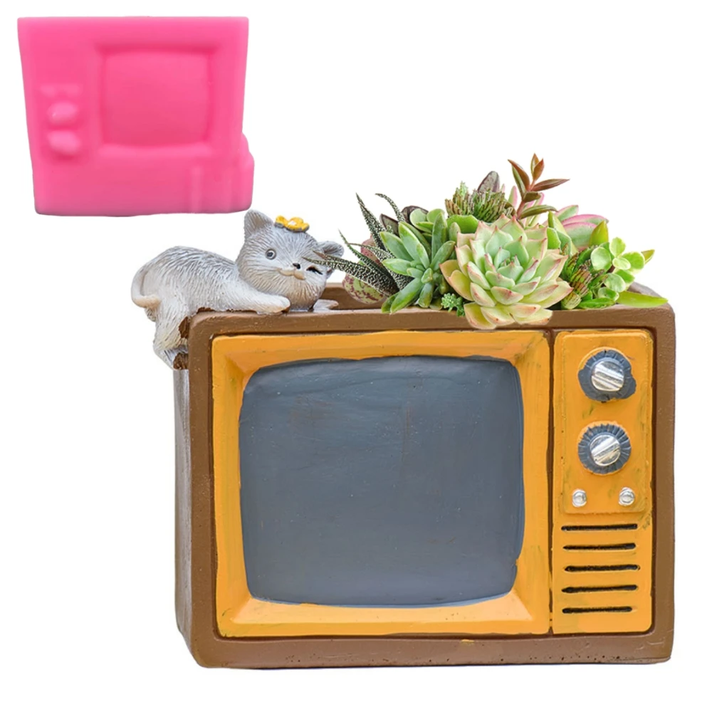 3d tv form saftiger pflanzen topf epoxidharz silikon form katze tv aufbewahrung sbox beton zement gips tier blumentopf form Image