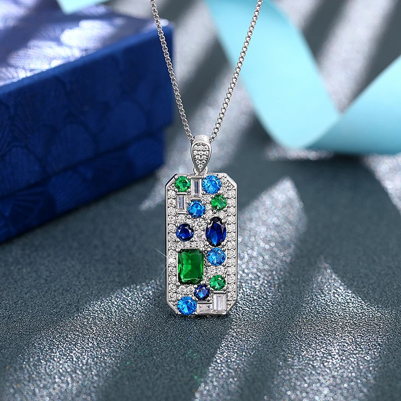 Huitan Luxus geometrische Anhänger Halskette voll mit blau/grün Zirkonia neue trend ige Damen Hals Accessoires Hochzeits schmuck Image