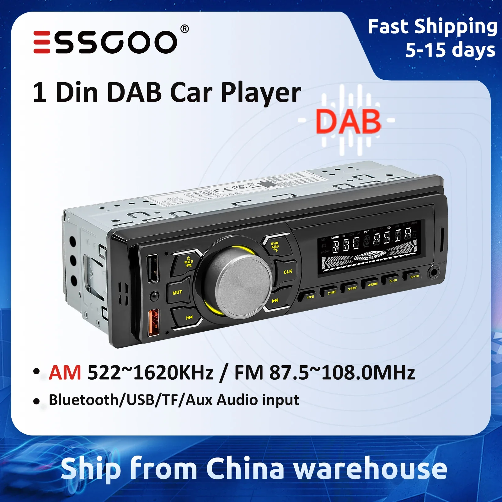 ESSGOO DAB Auto-Player 1 Din MP3 Autoradio AM RDS Auto Stereo DAB + Radio 7 Farben Taste Bluetooth Zentrale Multimedia Auto Audio Image