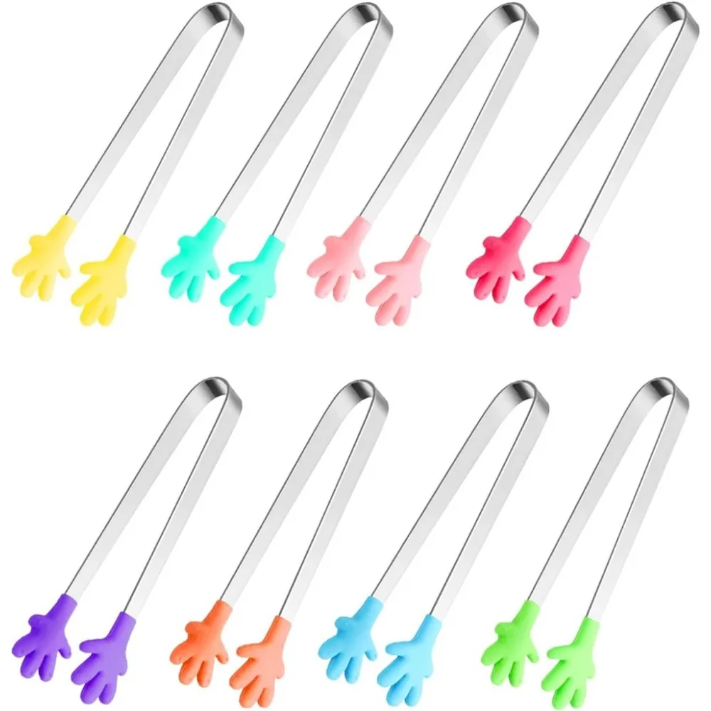 8 Stück Silikon-Miniszange, 12,7 cm, Handform, Lebensmittelzange, bunte kleine Kinderzange zum Servieren von Speisen, Eiswürfeln, Früchten, Grillen Image