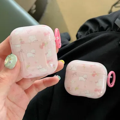 Cartoon rosa Erdbeer katze ins niedlichen imd Kopfhörer hülle für Apple Airpods 1 3 2 Pro 2. Image
