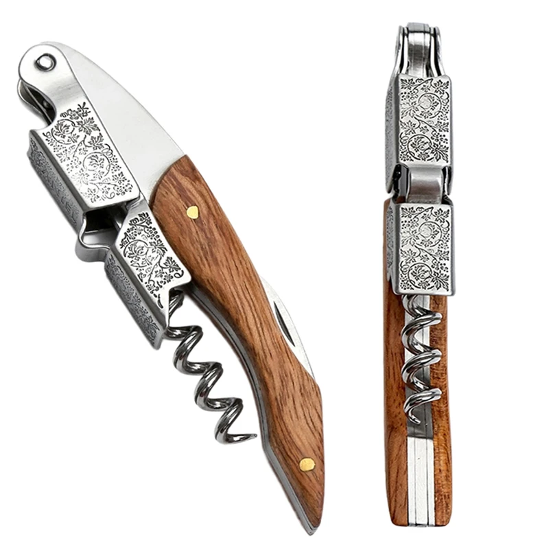 Korkenzieher für professionelle Kellner, Weinschlüssel mit ergonomischem Holzgriff, Bierflaschenöffner und Folienschneider Image