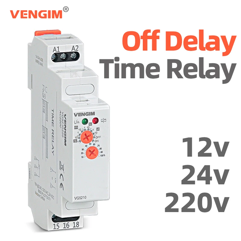 VENGIM Ausschaltverzögerungszeitrelais 220 V oder AC/DC12V-240V Zeitschaltuhr durch DIN-Schiene Image