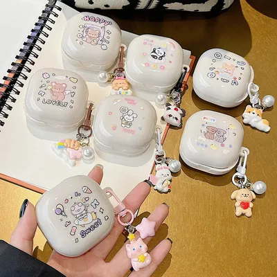 Niedliche Happy Rabbit Bear Dog Animals Hülle für Samsung Galaxy Buds Live Buds 2 FE Buds Buds 2 Pro Kopfhörerabdeckung mit Perlenanhänger Image