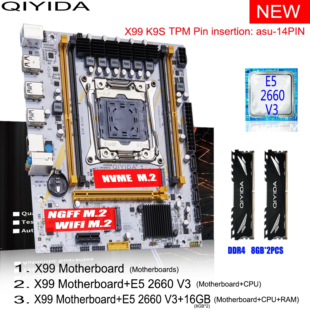 QIYIDA X99 Motherboard Set Kit mit LGA2011-3 Xeon E5 2660 V3 CPU 16 GB (2*8G) 3200 MHz DDR4 Desktop-Speicher M-ATX M.2 TMP2.0-14PIN Image