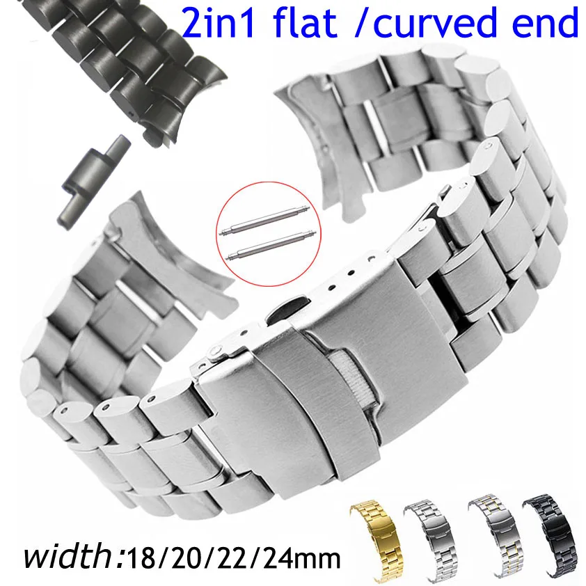 Silber Schwarz Edelstahl Uhrenarmband 18mm 20mm 22mm 24mm Gerade Gebogenes Ende Metall Uhrenarmband Armband Ersatzarmband Image