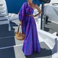 Bambus gestreiftes Maxi kleid Frauen von der Schulter ein Ärmel Schräg hals Party Club hohe Taille mit Schärpen A-Linie langes Kleid