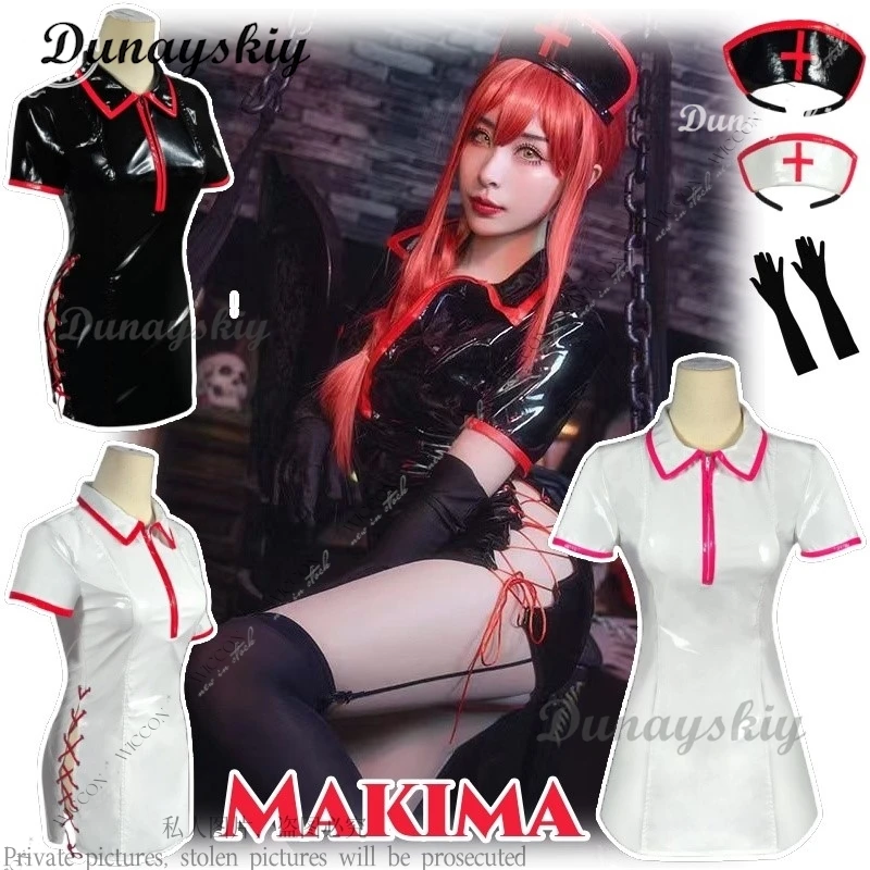 Makima Anime Cosplay Kostüm Perücke Krankenschwester Uniform Split Auf Der Seite Mann Rolle Spielen Frau Erwachsene Sexy Party Kopfbedeckung Set Image