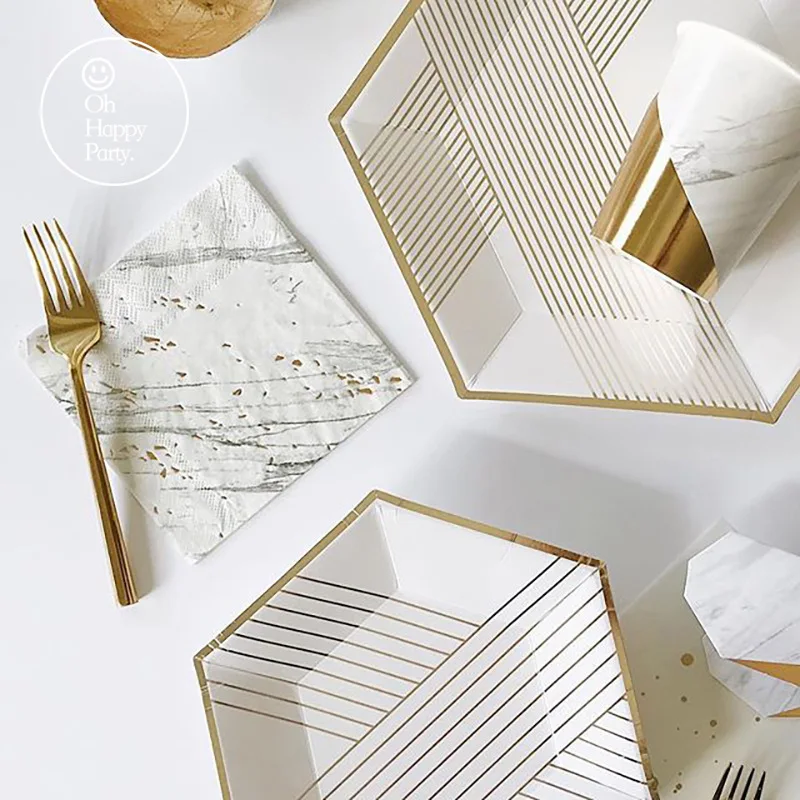 Weißes Thema Hochzeit Party Goldstreifen Pappteller Tassen Servietten Kinder Erwachsene Geburtstag Geschirr Babyparty Partydekorationen Image