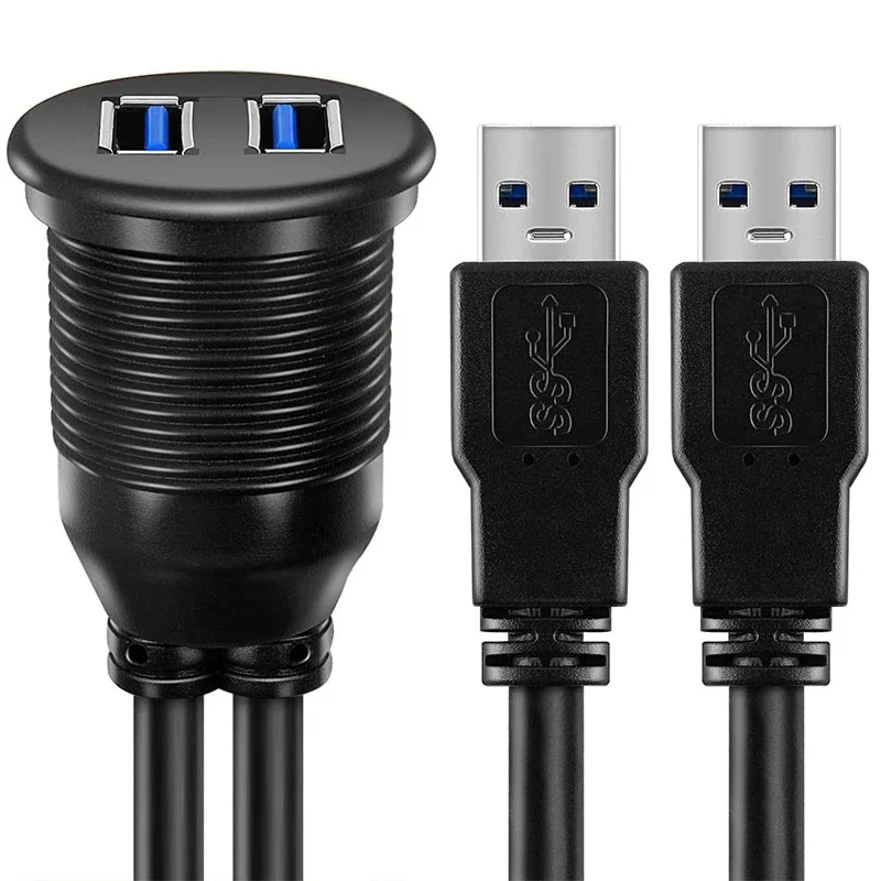 2-Port-Dual-USB-3.0-Stecker auf USB 3.0-Buchse, AUX-Unterputz-Verlängerungskabel für Auto, LKW, Boot, Motorrad, Armaturenbrett Image