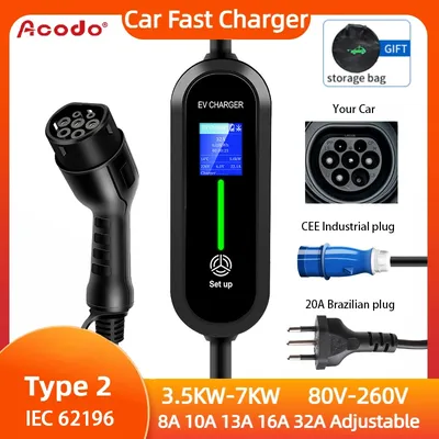 Acodo ev tragbares ladegerät typ 2 iec 62196 ladegerät br stecker wallbox 7kw 8a 10a 13a 16a 32a einstellbarer strom auto schnell ladegerät Image