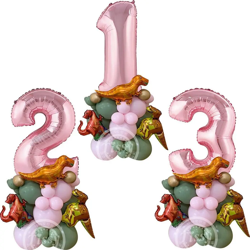 30 teile/satz Karton Dinosaurier Ballon Turm für Mädchen Dinosaurier Themen alles Gute zum Geburtstag Party Dekorationen rosa Luftballons Set DIY Handwerk Image