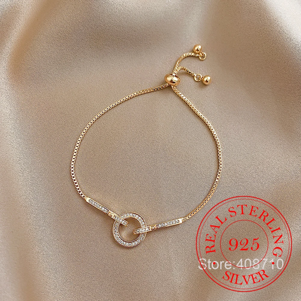 Koreanische Einfache 925 Sterling Silber Runde Kreis Kristall Kette Armband Für Frauen Homme Hochzeit Schmuck Geschenk Echtes Geld Image