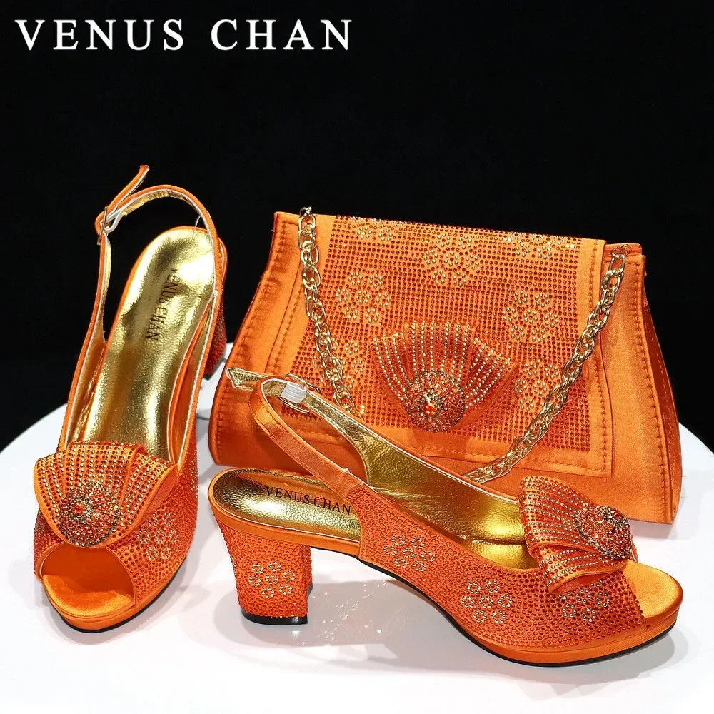 Venus Chan 2024 italienische Schuhe und Taschen sets für die Abend party mit Steinen italienischen Satin Stoff Strass Bogen Handtaschen Match Taschen