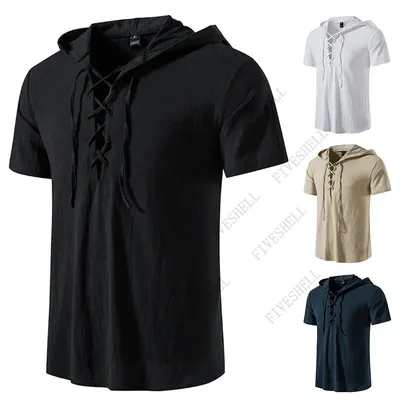 Schwarzer Herren-Kapuzenpullover mit Schnürung, Piratenhemd, Wikinger, Steampunk, Retro, Renaissance, mittelalterliches Gothic-viktorianisches Halloween-Kostüm Image