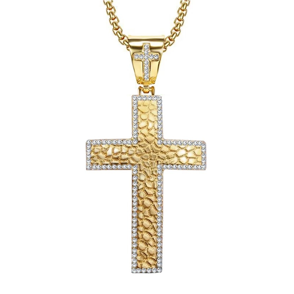 Hip Hop Iced Out CZ Große Große Kreuz Anhänger Halskette Männlich Gold Farbe Edelstahl Christian Halskette für Männer Religiou Schmuck Image