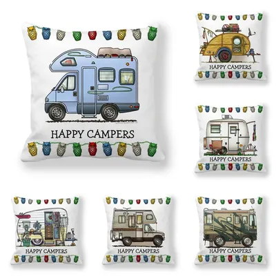 Happy Camper Kissenbezug Eule Camper Dekokissenbezug Abdeckung Dekorative Kissenbezüge 45*45CM Auto Image