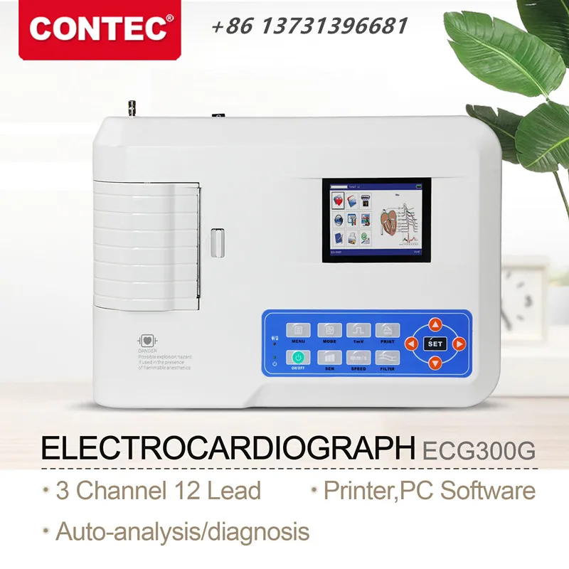 CONTEC Digitales 3-Kanal-EKG/EKG-Gerät mit 12 Ableitungen, Elektrokardiograph ECG300G für den menschlichen oder veterinärmedizinischen Einsatz Image