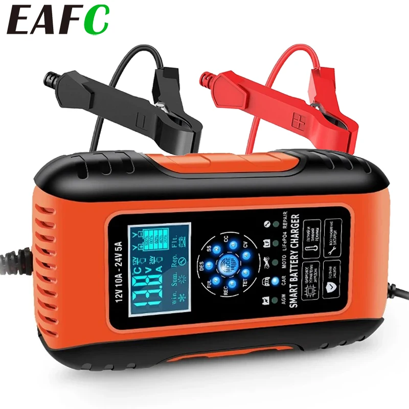 EAFC 12V-24V Vollautomatisches Autobatterie-Ladegerät 10A 5A Digitales Autobatterie-Ladegerät Motorrad-Puls-Reparatur-Ladegeräte Nass-Trocken-Blei Image