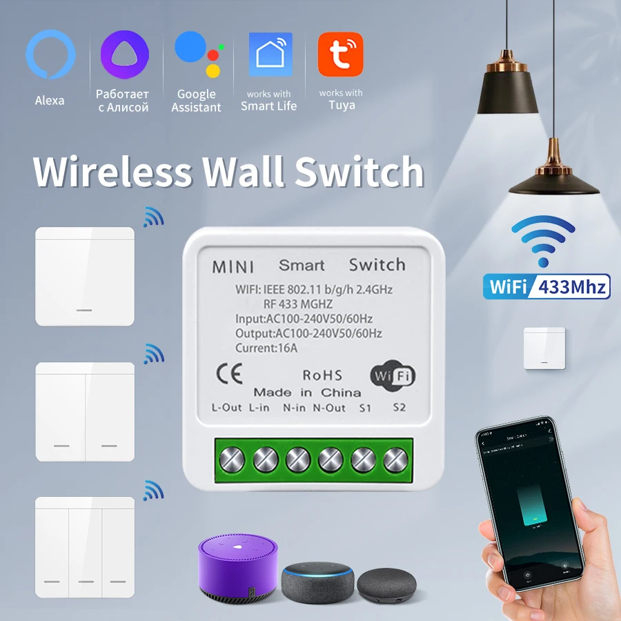 16A Tuya Smart WiFi Schalter 2 Weg Steuerung RF433 MHz Drahtlose Panel Schalter DIY Modul SmartLife APP Alexa Google Hause sprachsteuerung Image