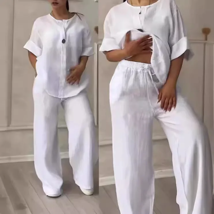 Mode einfarbige Hosen setzt Frauen Frühling Herbst Knöpfe V-Ausschnitt Langarm T-Shirt breite Beine Hose zweiteilig Set weiblich Image