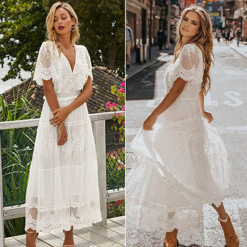 Sexy V-ausschnitt Aushöhlen Kleider für Frauen Weiß Spitze Kurzarm Frau Kleid Sommer Casual Party Maxi Kleid Vestido De Mujer