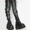 Marken design große Größe 43 Schnürsenkel Cosplay Motorräder Stiefel Schnallen Plattform Keile High Heels Oberschenkel hohe Stiefel Damenschuhe