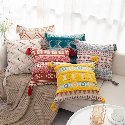 Boho-Kissenbezug, 45 x 45 cm, getuftete Baumwolle und Leinen, Heimdekoration, Kissen, Quaste, Image