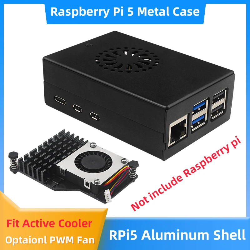 Raspberry Pi 5 Aluminum Alloy Case Black Metal Shell Optional Active Cooler Speed Adjustable PWN Fan PD 27W Power Supply for PI5