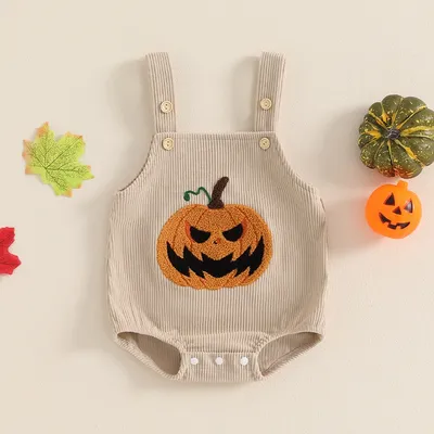 2024-05-28 Lioraitiin Baby Girl Boy Halloween Overalls Pumpkin Embroidery Sleeveless Corduroy Romper