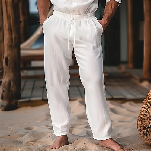 Herren Leinenhosen Hose Sommerhose Kordelzug Elastischer Bund Einfach Komfort Weich Volle Länge Party Täglich Strand Mode Einfach Schwarz Weiß Mikroelastisch Image