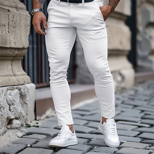 Herren Hose Hosen Chinesisch Chino Chino Hosen Freizeithose Tasche Glatt Komfort Atmungsaktiv In voller Länge Outdoor Täglich Ausgehen Modisch Strassenmode Schwarz Weiß Mikro-elastisch Image