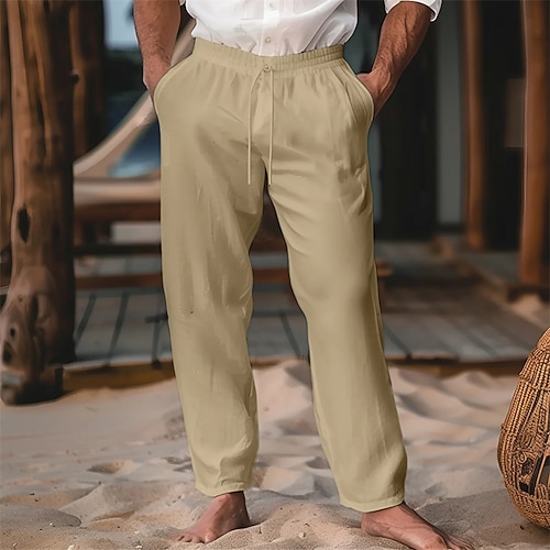 Herren Leinenhosen Hose Sommerhose Kordelzug Elastischer Bund Einfach Komfort Weich Volle Länge Party Täglich Strand Mode Einfach Schwarz Weiß Mikroelastisch Image