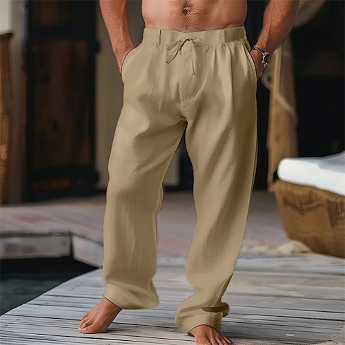 Herren Hose Sommerhose Strandhose Kordelzug Falten Gerader Schnitt Einfach Komfort Atmungsaktiv Lässig Täglich Ferien Mode Klassicher Stil Schwarz Weiß Image
