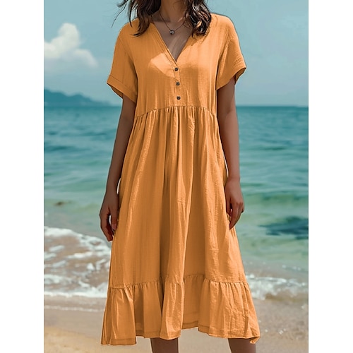 Damen Normal Midikleid Leinenmischung Shiftkleid Freizeitkleid Lässig Straße Normale Passform Einfarbig Kurzarm V Ausschnitt Hellgrün Dunkelgrün Orange Dunkelgrau Sommer Image