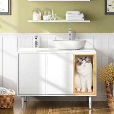 Bathroom sink cabinet with Cat Litter Box enclosure, Hidden Litter Pet Washroom with Divider, Indoor Cat House for Large Cats