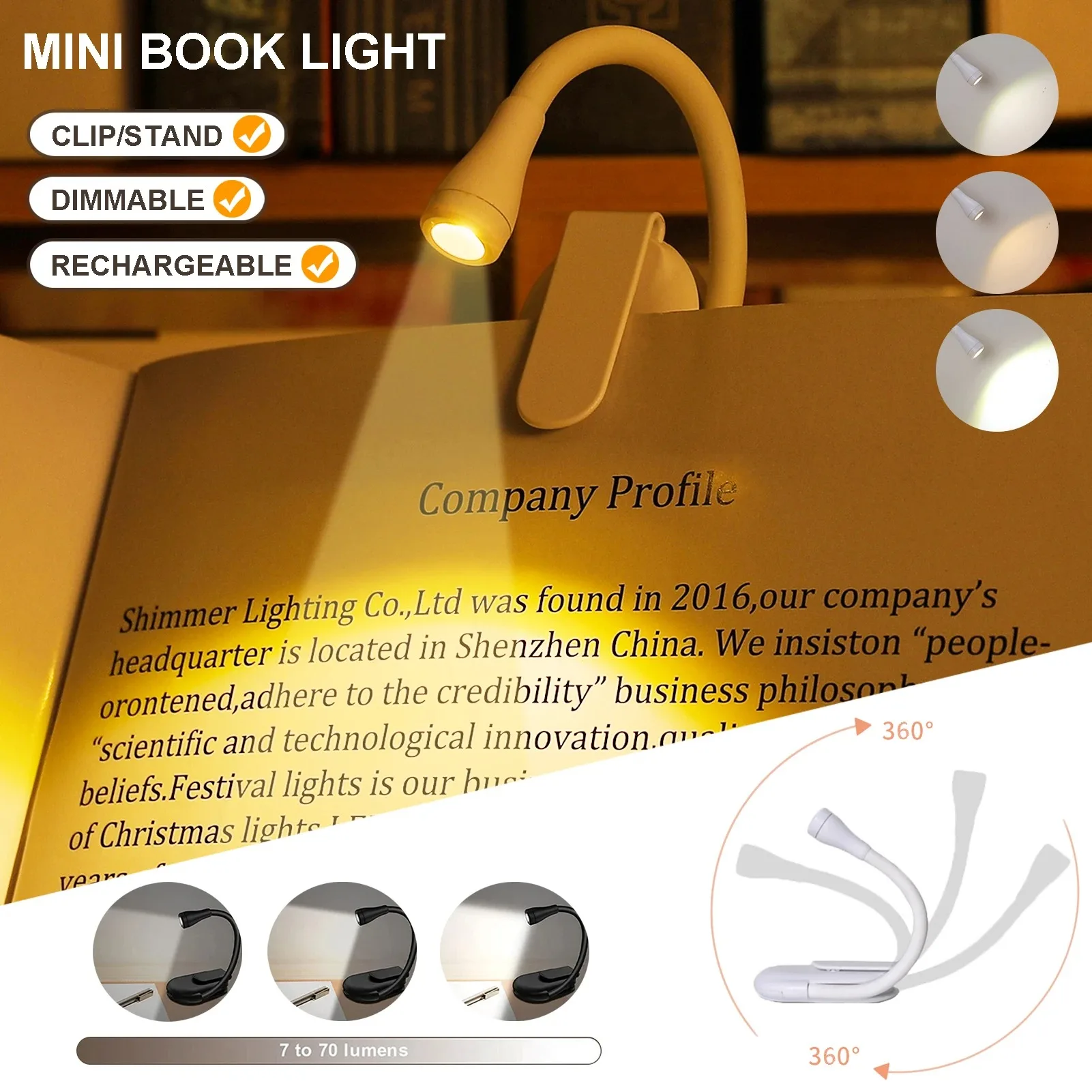 1–2 Stück tragbare LED-Buchlichter, USB wiederaufladbar, Augenschutz, Nachtlicht, Mini 360 ° Clip-On Schreibtisch-Leselampe für Reisen und Schlafzimmer