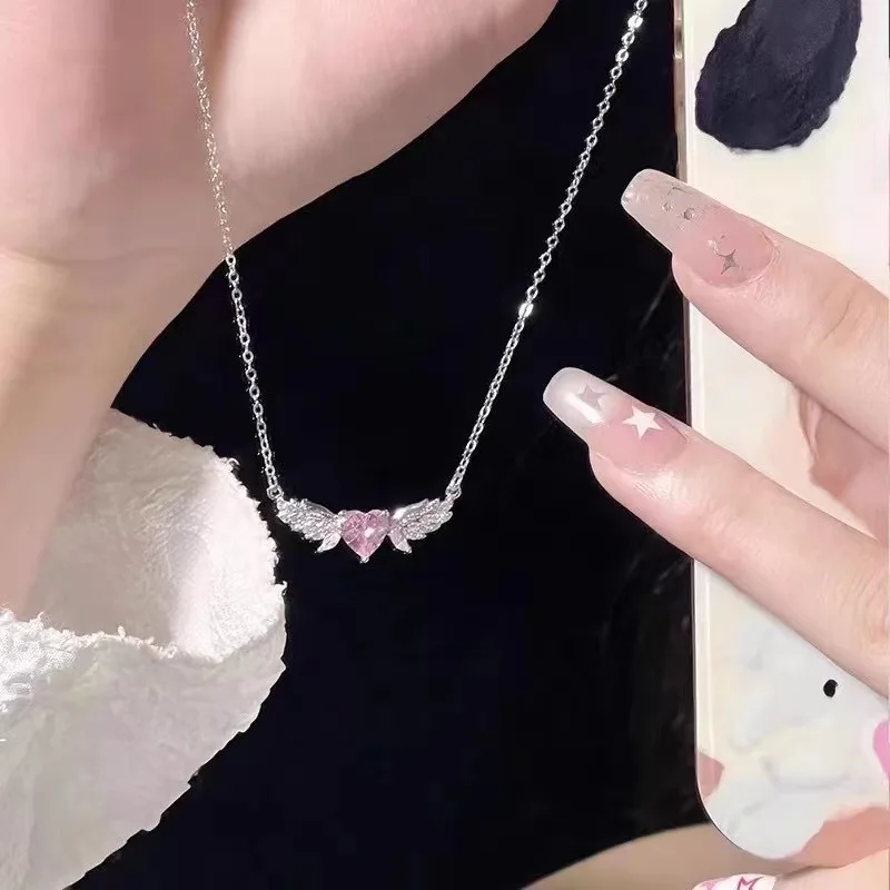 Kristall Engel Flügel Herz Anhänger Halsketten Damen Mädchen einfach y2k rosa weiß Zirkon Liebe elegante Halskette Frauen Schmuck