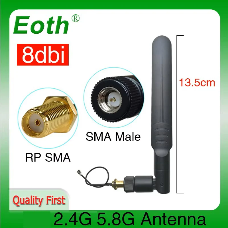 EOTH 2,4 GHz WLAN-Antenne PBX 2,4 GHz 5,8 GHz Dualband 8 dBi SMA-Stecker Wi-Fi 2,4 IOT 5,8 G Antena 21 cm RG178 Pigtail-Kabel Image