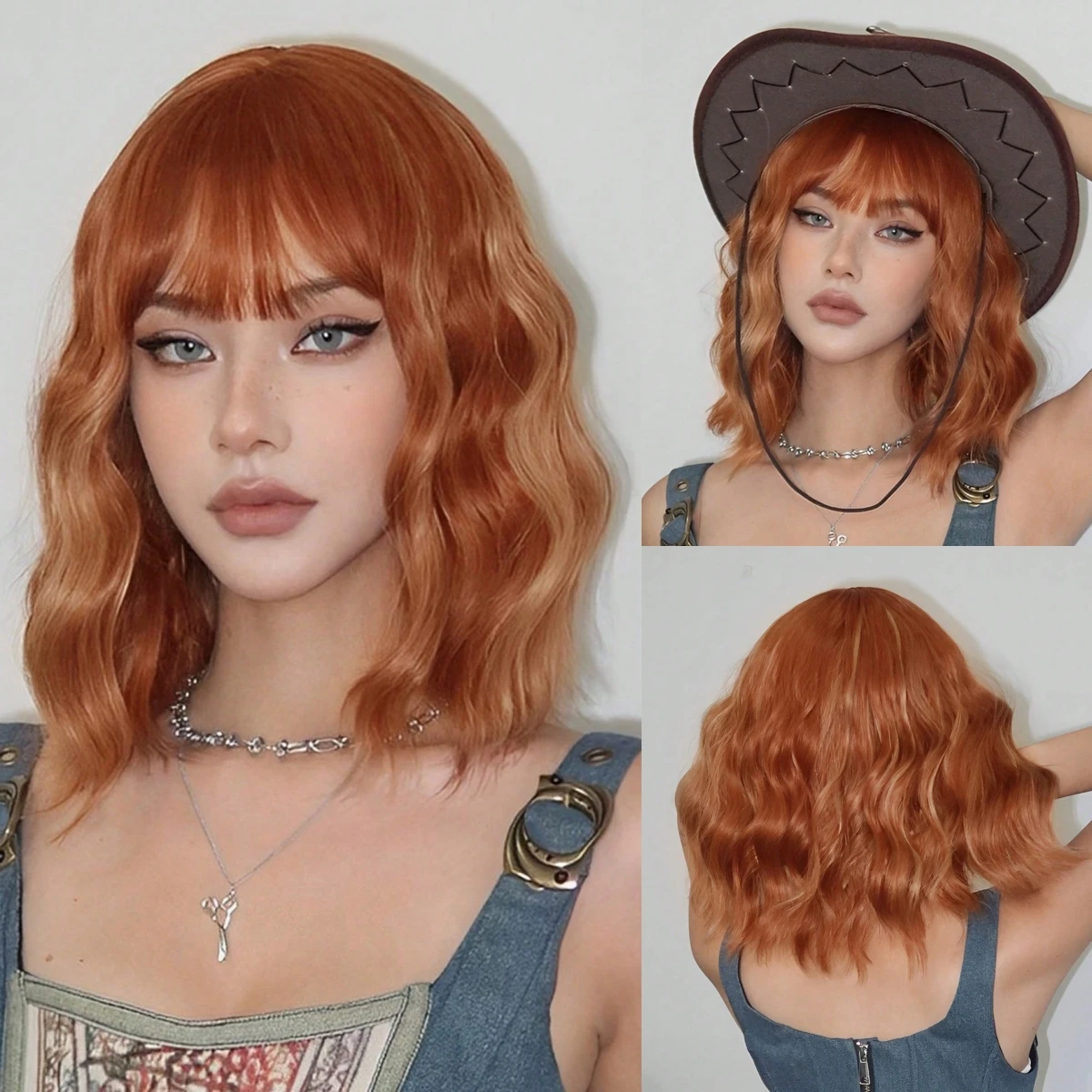 Orange Ingwer Bob synthetische Perücken kurze Wellenhaar Perücken mit Pony natürliche lockige Bob Perücken für Frauen Lolita Cosplay hitzebeständig