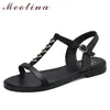 Meotina Frauen Schuhe Kristall Natürliche Echte Leder Sandalen T-Strap Flache Schuhe Schnalle Runde