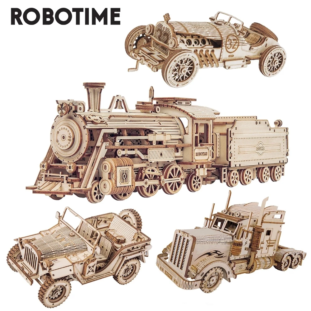 Robotime Rokr Puzzle 3D Treno a vapore mobile, Auto, Jeep Giocattolo di assemblaggio Regalo per bambini Kit di blocchi di costruzione di modello in legno per adulti