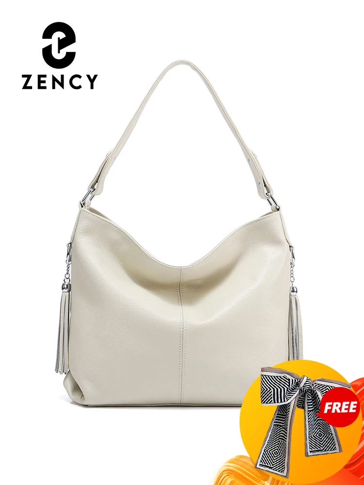 Zency Elegante Beige Frauen Echtes Leder Handtasche Hobo Bag Mode Umhängetasche Quaste Große Kapazität Shopper Tote Geldbörse Sac Heißer Verkauf
